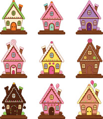 Cute fantasy gingerbread house cartoon vector set with colorful candy style fairy homes