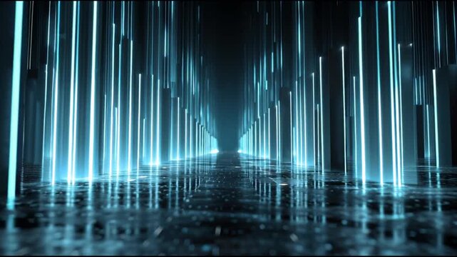 Glowing blue light trails create a futuristic background in a dark video environment