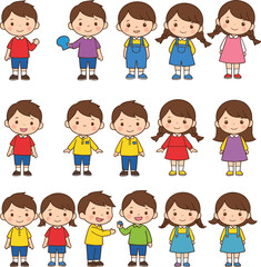 Cute children cartoon character vector set with boys and girls in different poses