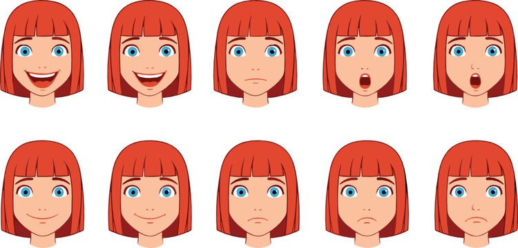 Female cartoon face expressions vector set with happy, sad, surprised, angry, and neutral emotions, character reaction illustration collection