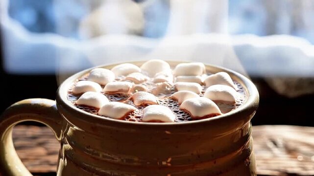 Cozy winter morning close-up of hot cocoa with marshmallows steaming softly in a rustic ceramic mug by a blurred snowy window