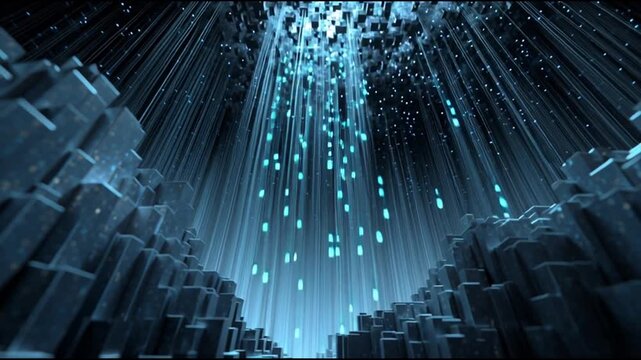A futuristic video background with blue light beams and cubes in a digital environment