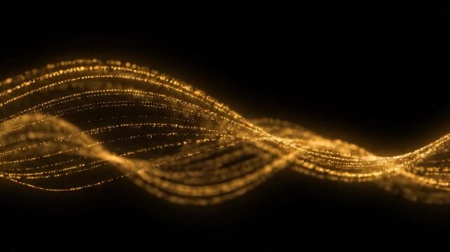 Swirling golden particles flow like a dynamic, luminous wave against black