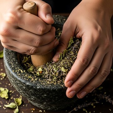 Hands preparing dried aromatic herbs with pestle and mortar close up view