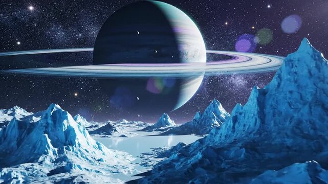 Snowy jagged peaks beneath a ringed planet in a starry cosmos, icy valleys gleaming, auroras glints