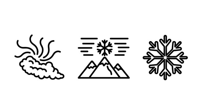 Vector icons representing winter weather phenomena: cloud with wind, mountains with snowflake, and a detailed snowflake.