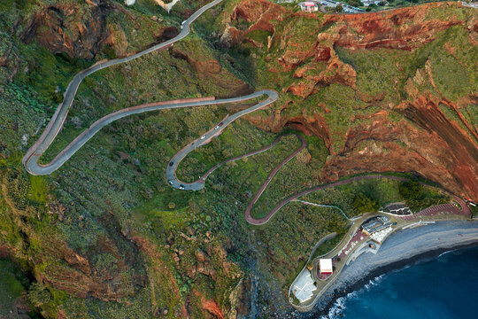 Amazing curvy road to Praia do Garajau beach in Madeira island, canico, Portugal.