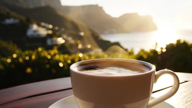 Cup of coffee with a scenic coastal landscape at sunrise
