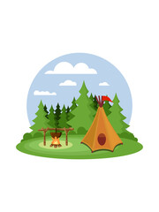 Flat Vector Illustration of a Summer Camping Site with Teepee Tent, Campfire, and Evergreen Pine Forest camping, tent, teepee, tipi,campsite, campfire, fire, bonfire, cooking, cauldron © Mani