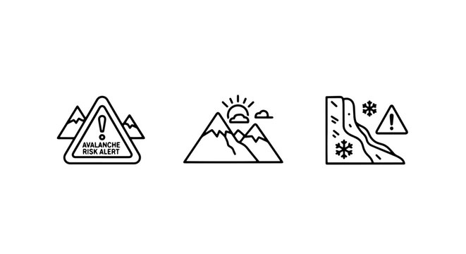 Mountain safety and weather alert line icons, depicting avalanche risk, sunny mountain landscapes, and dangerous snow slopes.