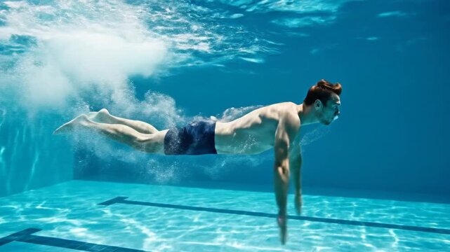 Underwater swimmer glides through a blue pool streamlined, arms extended, sunlight shimmers vividly