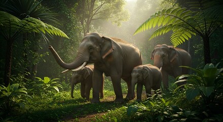 Fototapeta premium A family of elephants walking through a lush green forest with sunlight filtering through the trees