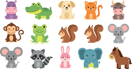Obraz premium Cute animal character collection vector with jungle, farm, and woodland animals, colorful cartoon pets and wildlife illustration set