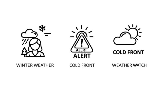 Weather Advisory Icon Set: Winter Weather Conditions, Cold Front Alert, and Weather Watch Symbols for Forecasting and Preparedness