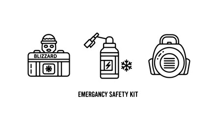 Fototapeta premium Blizzard Emergency Safety Kit: Cold Weather Survival Gear and Backpack Outline Icons