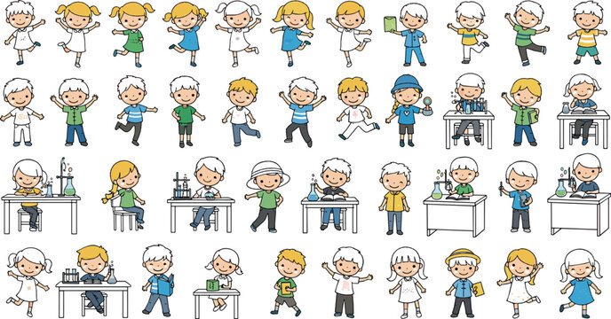 Cute school kids character collection vector with boys and girls studying, playing, learning, and classroom activities, colorful cartoon children set