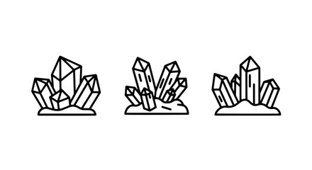 Exquisite line art icons depicting beautiful crystal clusters and geode formations, symbolizing natural beauty, geology, and precious minerals.