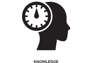Black silhouette of a human head profile with a speedometer or clock icon inside the head, symbolizing knowledge and intellect, on a white background.