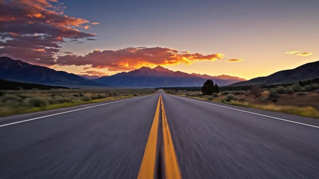 Mountain Road at Sunset - An empty asphalt road leads toward distant mountain ranges and a valley at sunset. The sky is filled with colorful clouds, with yellows and oranges at the horizon.