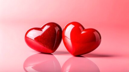 Obraz premium Two shiny red hearts on a pink background reflecting each other in a simple setup