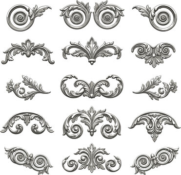 Vintage ornamental flourish vector set with baroque scroll decorations and classic decorative elements isolated