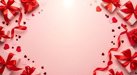 Fototapeta premium Celebratory gift boxes with red ribbons and hearts surrounding a soft pink background viewed from above