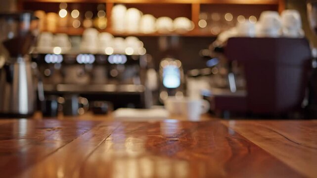 Wooden Countertop Foreground With Blurred Coffee Shop Interior And Barista In Background Warm Lighting Ambiance