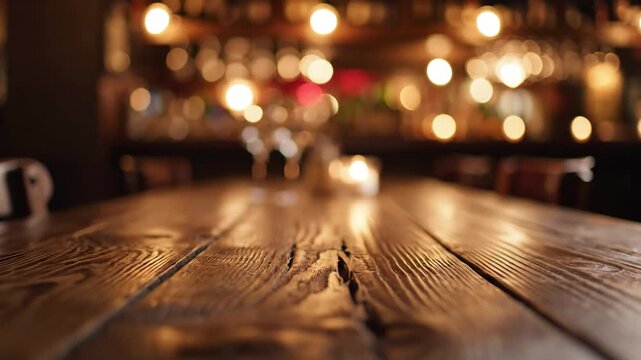 Rustic wooden table in a blurred pub background - A rustic wooden table is set against a blurred background of a bar or pub, creating a warm and inviting atmosphere.