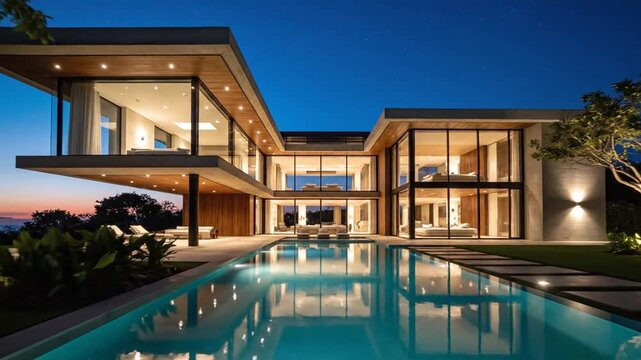 Modern glass villa overlooks an illuminated pool warm interiors glow under a twilight sky. at night