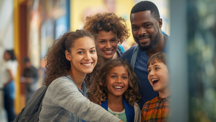 Obraz premium Smiling family of diverse adults and children on vacation enjoying museum visit full of joy