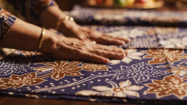 Elderly hands smoothing traditional batik fabric with intricate floral patterns