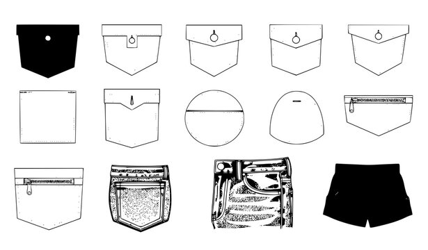 Fashion vector pocket set with 10 flat styles for CAD mockups and clothing templates