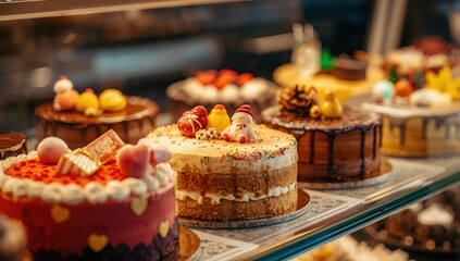 Fototapeta premium Festive layered cake with sprinkles and holiday toppers displayed in bakery case