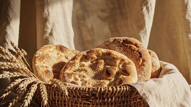 Fresh Flatbreads in Basket with Wheat - A close-up shot shows several round flatbreads with sesame seeds nestled in a woven basket.
