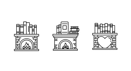 Obraz premium Cozy Fireplace and Bookshelf Icons: Home Interior with Warm Hearth and Reading Materials for a Relaxing Ambiance