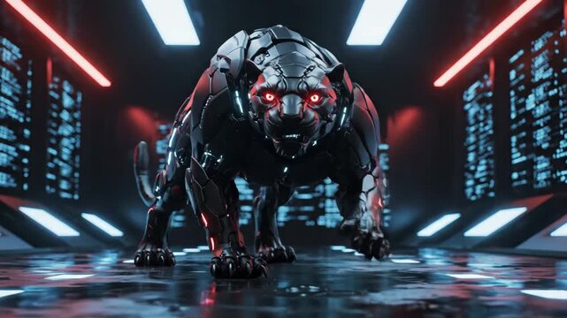 Futuristic Cybernetic Panther - A futuristic black panther with glowing red eyes and neon reflections stands poised in a technologically advanced setting.