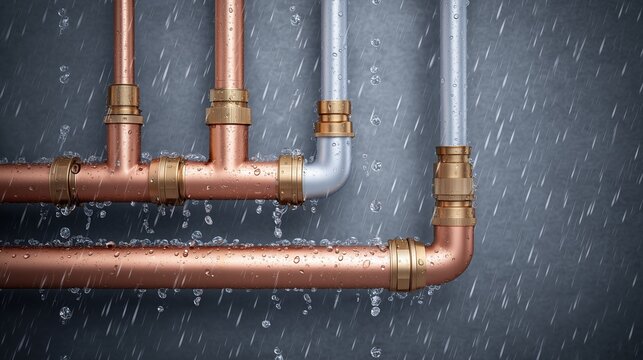 Copper and cpvc pipe with elbow and tee fittings against wet background, representing plumbing system and hot water distribution.
