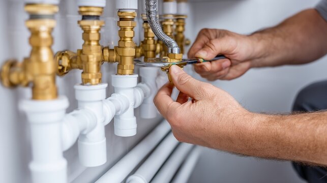 Hand adjusting brass valve on white cpvc pipe manifold, representing plumbing installation and hot-water distribution system.