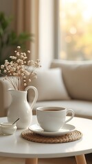 Fototapeta premium cup of coffee on table near window