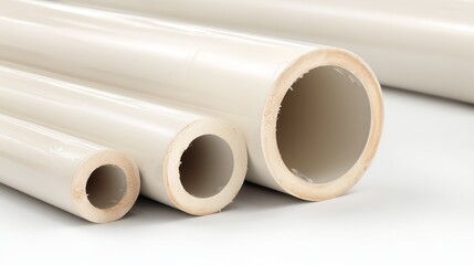 Fototapeta premium Three beige cpvc pipe with smooth interior and exterior, staged to show diameter variation and wall thickness, representing plumbing and hot-water distribution.