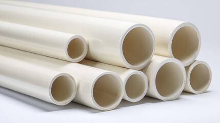 Fototapeta premium Stack of white cpvc pipe showing smooth interior and exterior surface, conveying plumbing and hot-water supply concept.