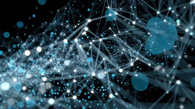 Science visualization of interconnected nodes and lines forming complex network pattern