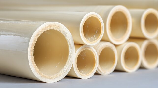 Stack of beige cpvc pipe showing smooth inner surface and cut ends, representing plumbing supply and hot water distribution.