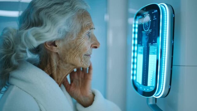 Elderly woman interacts with futuristic technology device in a modern laboratory setting, science footage (37).mp4
