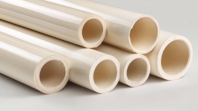 Stack of beige cpvc pipe showing cross section and smooth bore, indicating plumbing installation and hot water distribution.