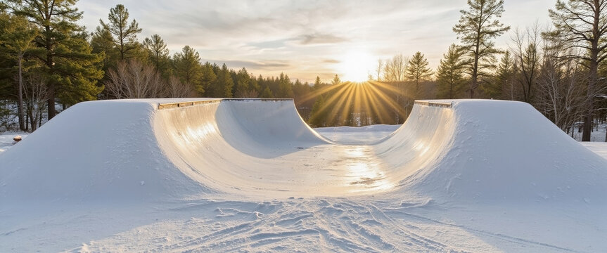 Snow half pipe bathed in warm late afternoon light, surrounded by towering pine trees. Massive snow half pipe offers thrilling winter sports action.