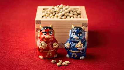Setsubun Japanese Festival Oni Demon Figures and Soybeans in Masu Box