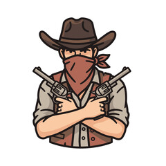 Cartoon Cowboy Bandit Ready to Shoot with Two Revolvers