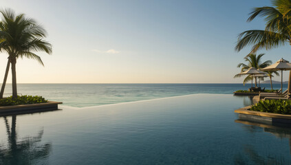 Fototapeta premium Serene beachfront infinity pool at sunrise with palm tree and lounge area