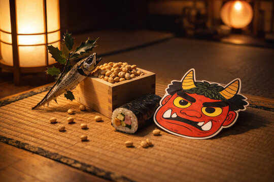 Setsubun Japanese Festival Still Life with Ehomaki and Oni Mask on Tatami